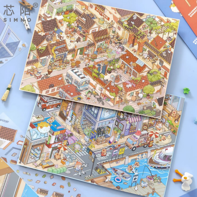 [그때의 마을 그날의 기억] 마을 풍경 이야기 1.0 3D 집 꾸미기 스티커 빅사이즈 2종세트(핀셋포함), 혼합, 1세트