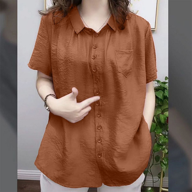 Neirny 중년 여성 빅사이즈 반팔 셔츠 여름 엄마룩 고급 오버핏 데일리 기질 패션 카라넥 블라우스 아이스 쿨링 냉장고 패션 상의