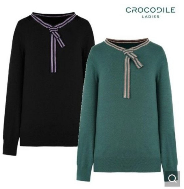 크로커다일레이디 스카프 연출 브이넥 니트 티셔츠 블랙 그린 573993