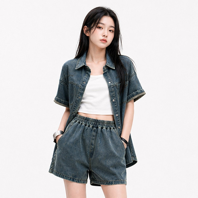 주니어 여아 반팔 데님 투피스 데님셔츠 밴딩 청 반바지 워싱 키즈 상하복