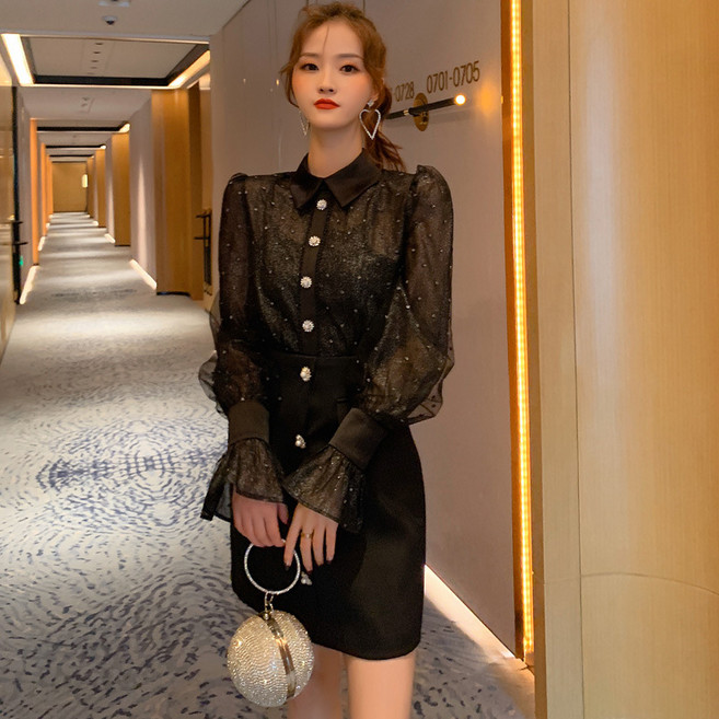 【氣質娃娃領】連衣裙 小黑裙 秋裝連衣裙 女裝連衣裙 氣質連衣裙 薄紗拼接 小清新設計 通勤約會穿搭 2025秋季新款, 黑色