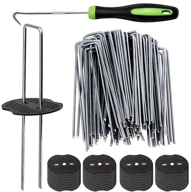 101개 U자형 아연 도금된 조경용 스테이플 정원 말뚝 세트 (플라스틱 고정 와셔 및 잡초 제거용 설치 훅 도, 02 50Pcsadd50Pcsadd1Pcs