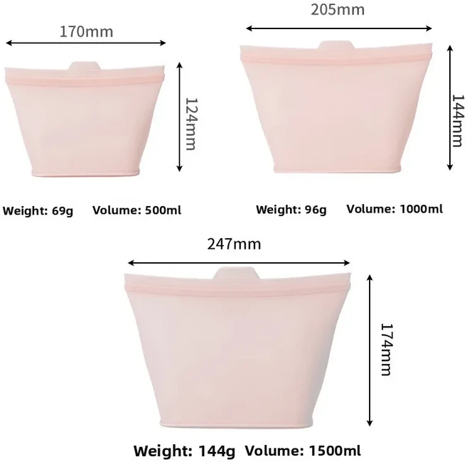 3개입 실리콘 식품 보관용 재사용 가능 스탠드업 지퍼 누수 방지 용기 신선 백 식품 보관 신선 랩 지퍼백, 02 3PC Light pink