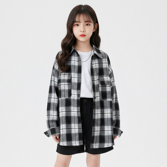 지디오 주니어 여아 오버핏 체크 셔츠 봄 간절기 스트릿 남방 아우터 상의 긴팔