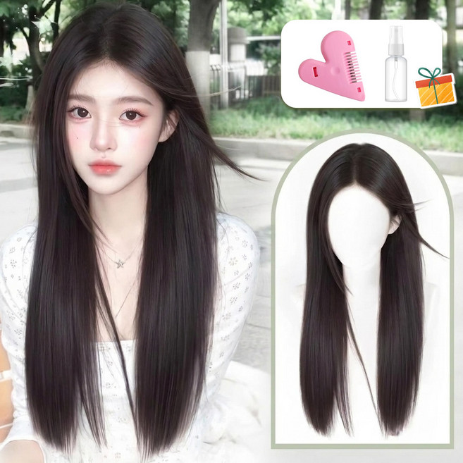 Belua 여성 통가발 롱 스트레이트 자연스러운 가르마 볼륨업 얼굴소형 데일리 헤어소품, 1개, 브라운블랙