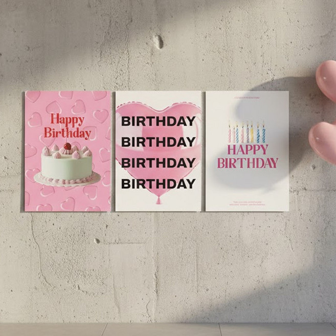 컨티뉴 프리미엄 고급용지 생일 포스터 3장 세트 A3 42cm 해피버스데이, 핑크