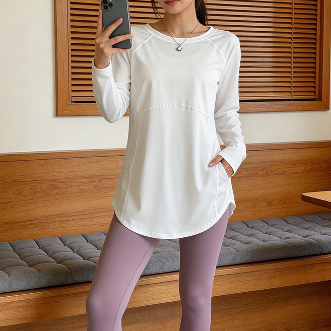 karsaer 한국식 요가복 긴팔 상의 요가/프라테스/헬스 트레이닝용 흡한속건 부드러운 탄력 등 통기구 힙 가리기 날씬 핏 여성용 A0060