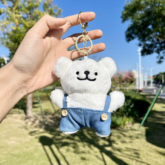 牛仔線條小狗包包掛件 手工毛絨公仔鑰匙扣, 1個, 牛仔狗-白色