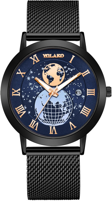 지구본 패턴 알로이 망사 밴드 로마 캘린더 비즈니스 석영 남성용 시계