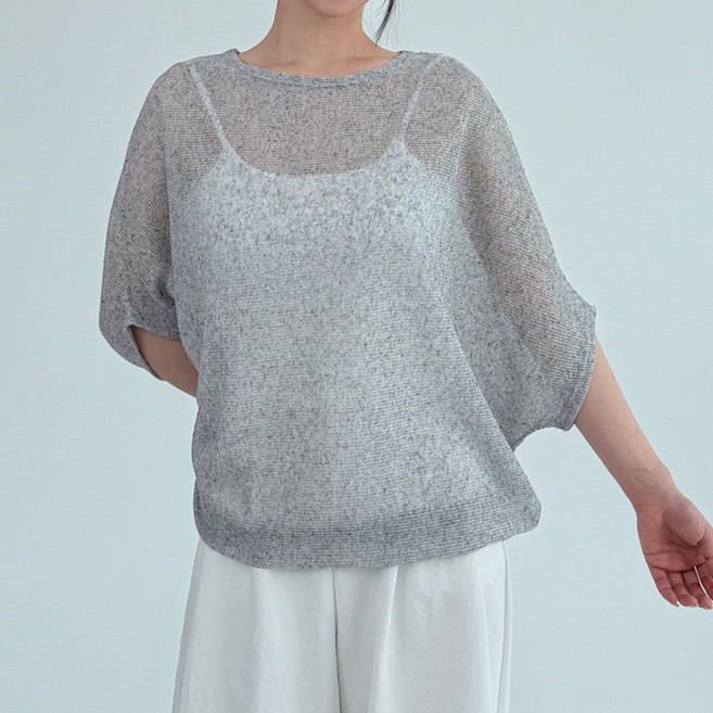 모던 시스루 가오리핏 레이어드 커버업 반팔 니트