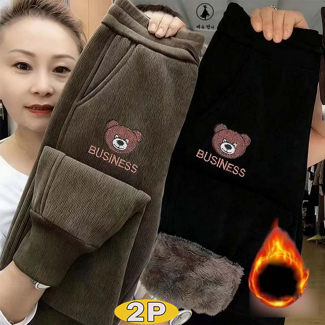 1+1여성 자수 기모 코르덴 골덴팬츠 편안한 도톰 밴딩 와이드 조거 배기 바지 데일리룩