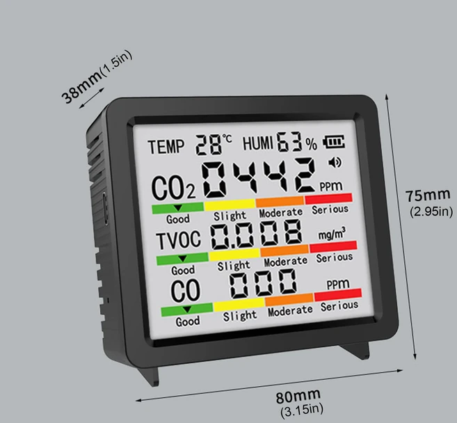 6 in 1 PM2.5 PM10 HCHO TVOC CO CO2 다기능 공기질 측정기 CO 이산화탄소 포름알데히드 모니터, 01 Black