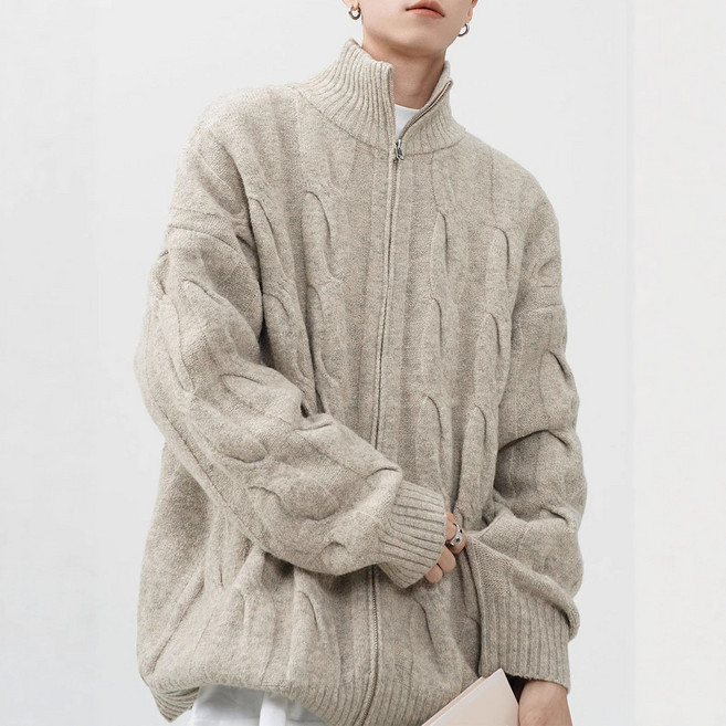 남성용 가을 겨울 릴렉스핏 하이넥 지퍼 니트 가디건