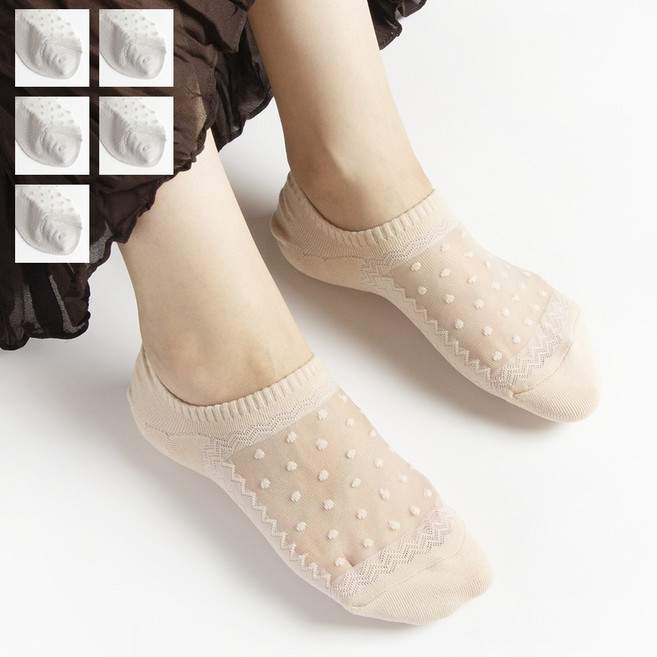 여성 여름 도트 망사 시스루 덧신 양말 페이크삭스 5켤레 세트