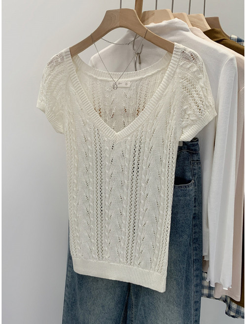 [하루마켓]텐셀 프랑스 고급스러움 레이스 V 여름철 단독 착용 가능한 여성용 칼라 짧은 소매 니트 상의
