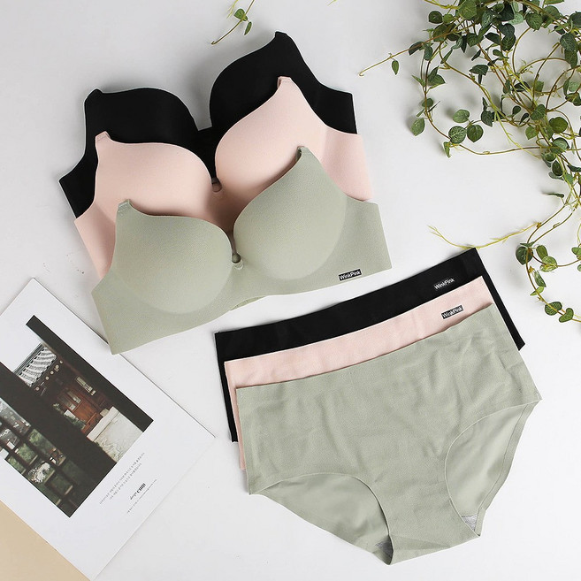 [6종 고볼륨업~] 와이어리스 무봉제 심리스 노와이어 브라팬티 여성속옷세트 / W_1459 (브라3 + 팬티3)
