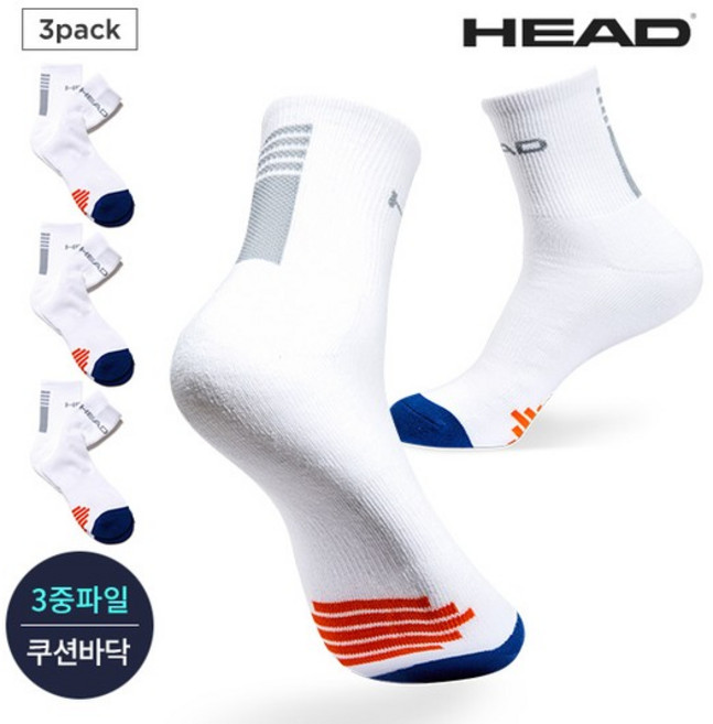 헤드 남성 스포츠 프로퍼포먼스파일 앞로고 컬러포인트 중목양말 3P_WH, 상세설명 참조
