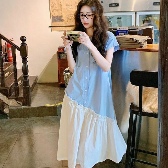 빅 사이즈 원피스 반팔 셔링 블라우스 언발란스 블루 캐주얼 소프트 이완감 롱 머메이드 스커트