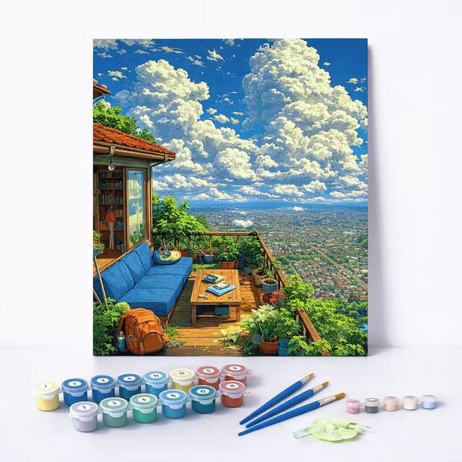 LCLC 피포페인팅 집중력 힐링 취미 유화그리기 DIY 숫자 페인팅 세트 감성 풍경 캔버스 30x40cm, 시티테라스, 1개