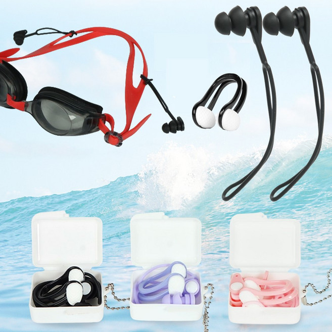 수영 귀마개 코마개 세트 분실방지 실리콘 끈귀마개 잠수 물놀이, 2세트, 블랙