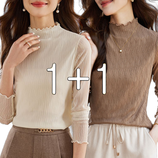 POMTOR 1+1 여성 레이스 셔츠 반폴라 이너 긴팔 티셔츠