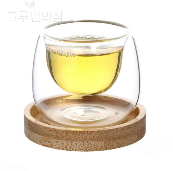 로하티 이중 내열유리 찻잔 50ml 우드 받침대 세트 우드받침대