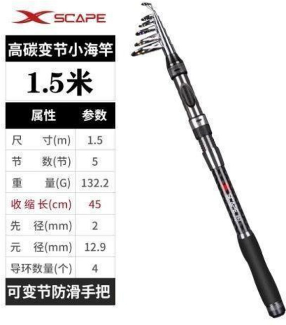 無品牌 伸縮釣魚竿 迷你超短 海竿 拋竿 冰釣 超硬 路亞竿, 升級款黑色1.5米單竿 沒有漁輪