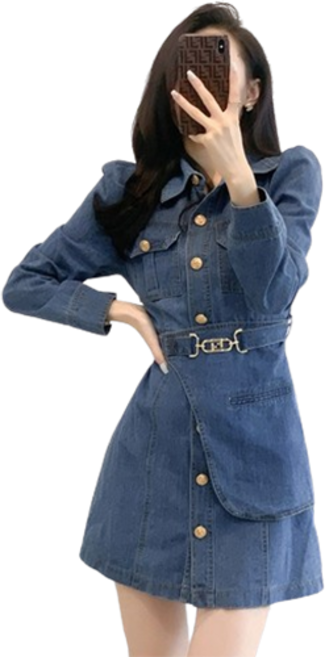 티티웍스 카라넥 어깨퍼프 슬림핏 데님 셔츠 긴팔 원피스