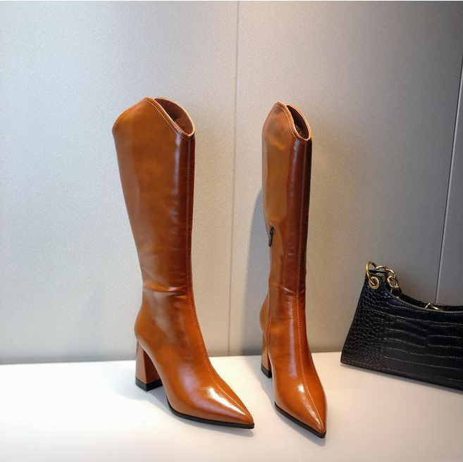 여성 추동 스틸레토 통굽 소프트 롱부츠 7cm