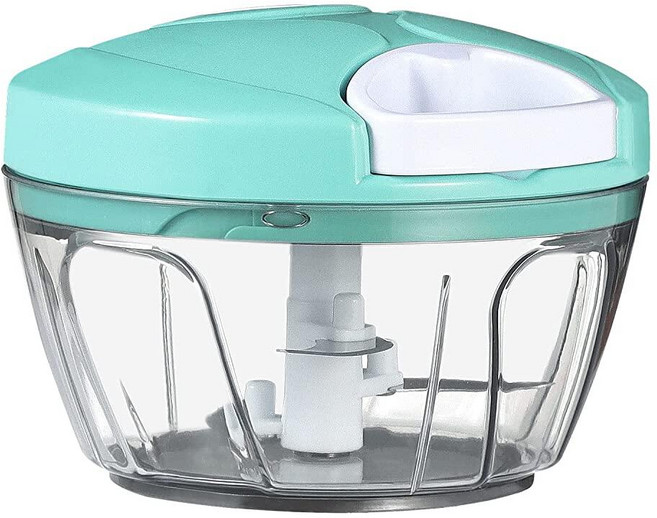 Ourokhome 수동 푸드 프로세서 야채 다지기 휴대용 핸드 풀 스트링 마늘 다지기 양파 커터 채소 생강 과일 견과류 허브 등용 500ml 화이트, 청록색