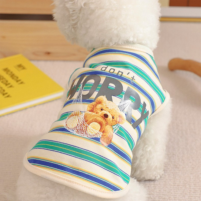 멍담 강아지 고양이 레트로 스트라이프 티셔츠, 1개, 블루