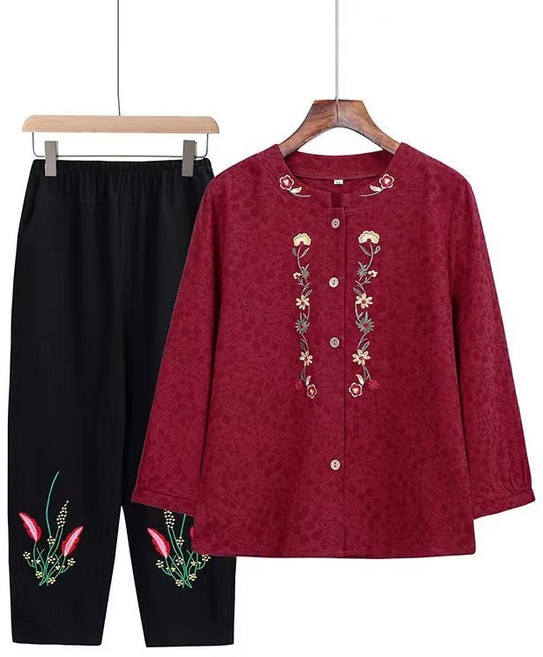 자칠 여성 봄가을 빅사이즈 반소매 셔츠 중년 장년 60대 70대 세트 할머니옷 엄마옷 자수 무늬 DC-090502