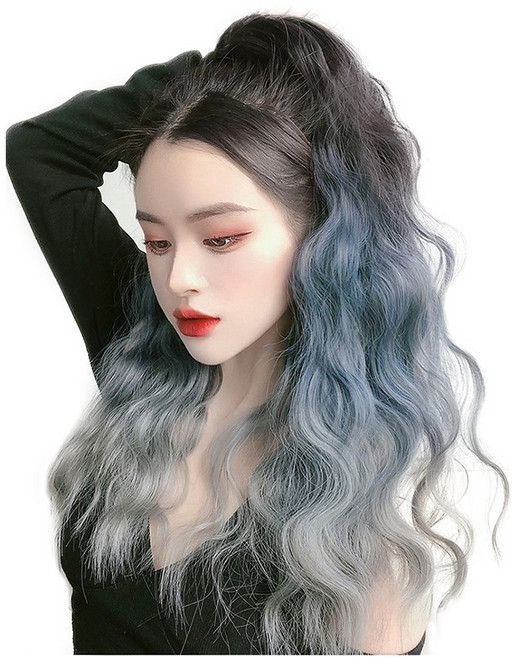 가발위드 긴머리 웨이브 투톤 디몬트 세발집게 포니테일, 블랙+블루그레이, 1개
