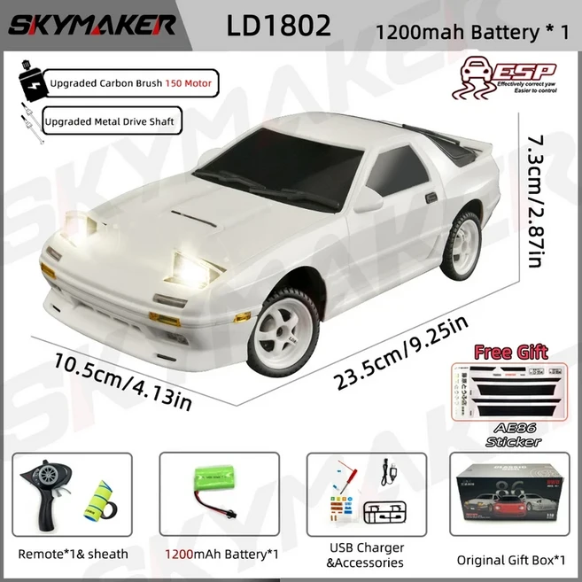 Skymaker AE86 모델 LD1801 RX-7 FC 1:18 드리프트 카 2.4G 원격 제어 ESP 자이로 스코프 LED 미니 레이싱, 02 LD1802-1B1200-S