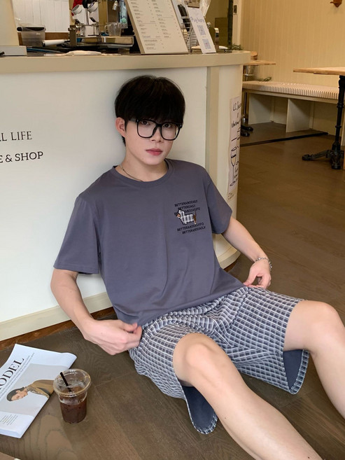 夏季新款男士抗菌棉短袖睡衣格子短褲休閒寬鬆家居服套裝可外穿