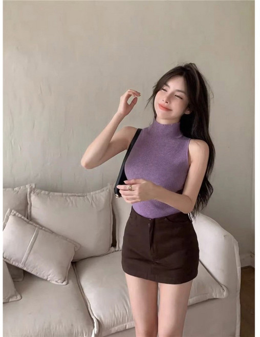 INTERNAL 小立領削肩無袖針織背心 多色 背心 無袖 小立領 辣妹 女裝 女上衣 純色短袖背心