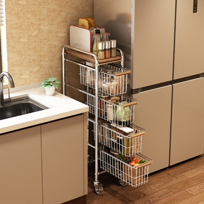 이동식 틈새선반 4단 바구니형 슬림 트롤리 빈티지우드