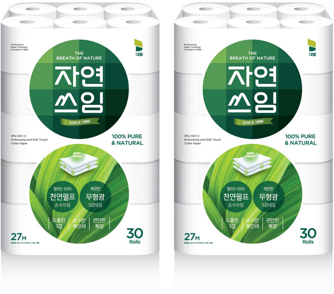 자연쓰임 천연펄프 화장지 그린 3겹 27m 30롤 2팩 총 60롤, 2개