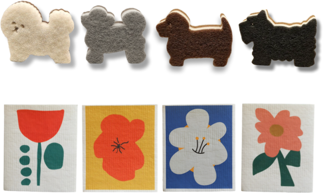 로지데코 딥클린 3겹 수세미 4p+ 친환경 셀룰로오스 행주 4p / 귀여운 강아지 모양 수세미와 아트 행주로 예쁜 감성 주방 완성, 1개, 혼합색상