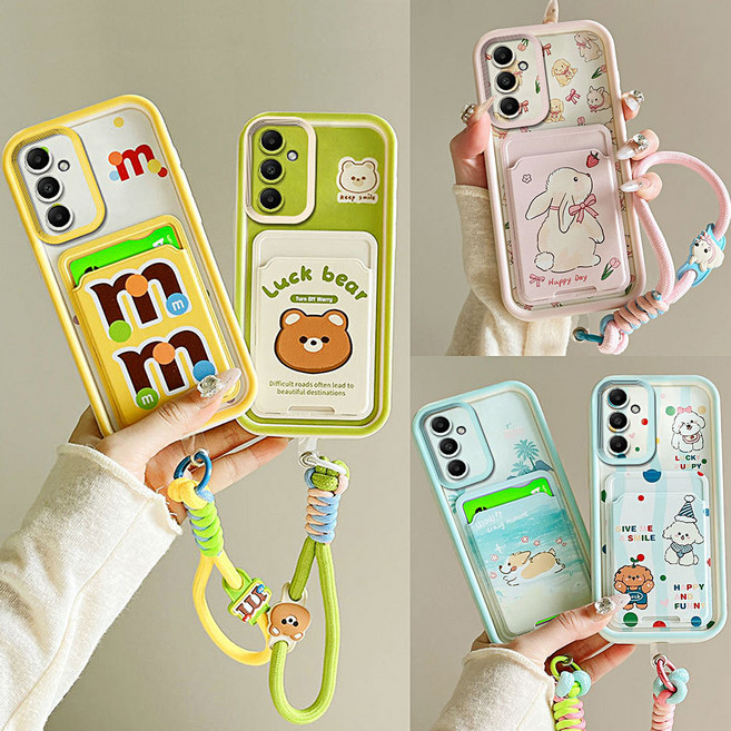 갤럭시 a15 a23 a24 a32 a34 귀여운 강아지 곰돌이 캐릭터 카드 수납 지갑 로프 스트랩 슬림 케이스