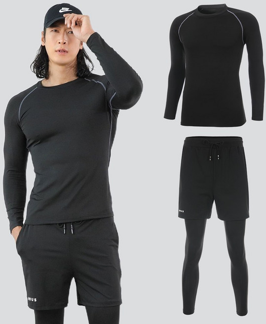 남자 머슬핏 긴팔 래쉬가드 상의 + 반바지 레깅스 수영복 하의 세트 (59set)