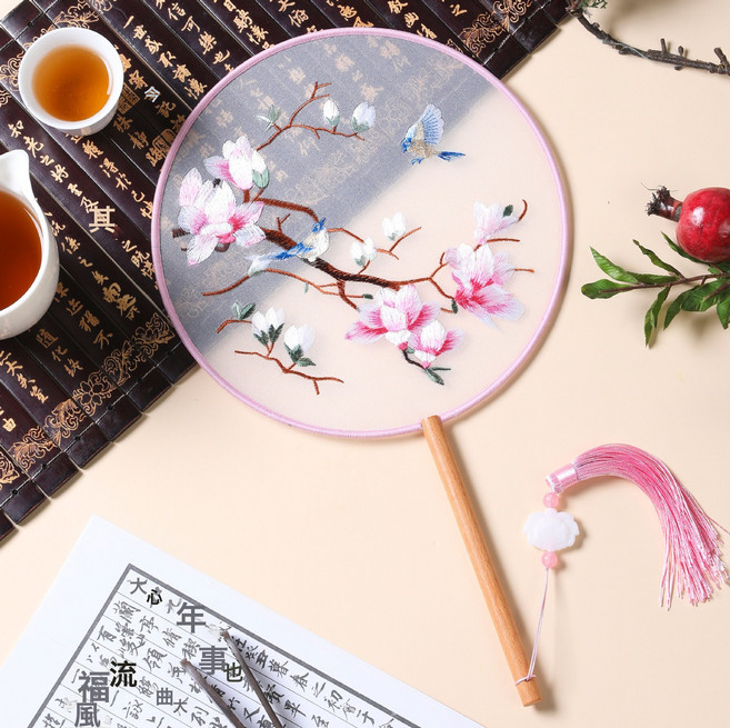 DIU 夏季新古風扇子蘇州雙面刺繡團扇舞蹈用國風漢服旗袍圓扇中國風, 1個, 刺繡扇-玉蘭相思鳥:如圖