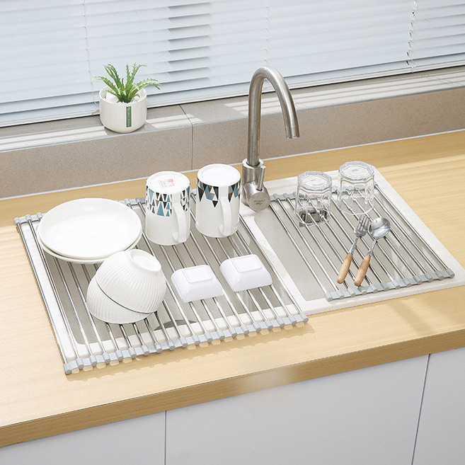 싱크대 접이식 식기건조대 물빠짐 스텐 스탠드 주방 그릇 정리대 식기건조기, 1개, 그레이 16봉 32x53CM, 1단