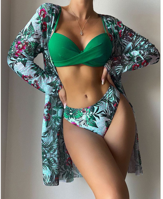 三件式印花比基尼罩衫組, XL