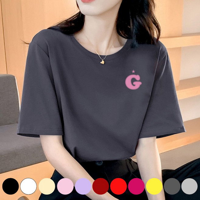 그리내 여성 라운드넥 여름 프린팅 반팔티 커플티 이너 홈웨어 레터링 면 티셔츠