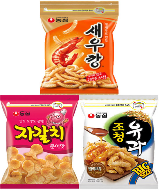 [안녕골목마켓] 대용량지퍼팩 과자세트 새우깡+자갈치+조청유과, 1세트