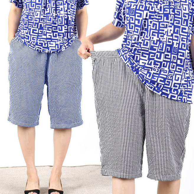 큰언니큰오빠 여름바지 반바지 여자반바지 고무줄 지지미 체크바지 빅사이즈 여성의류 엄마옷 여성밴딩바지 팬츠 엄마 아줌마옷 통바지