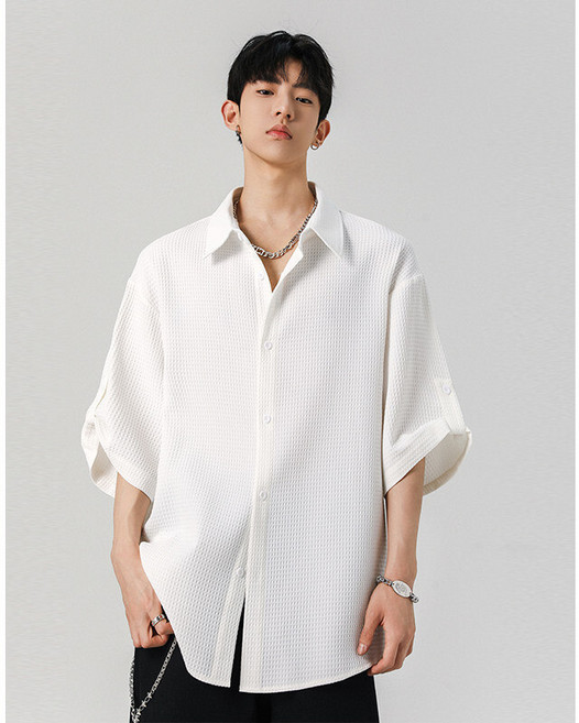 2026夏季潮流華夫格短袖寬鬆襯衫上衣男