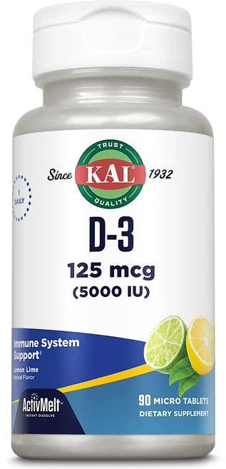 KAL 비타민 D-3 5000 IU 액티브멜트 용해 KAL Vitamin D-3 5000 IU ActivMelt Instant Dissolve Natural Lemon, 1개, 90정 - 쿠팡
