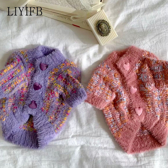 LIYIFB 반려동물 니트 가디건 강아지 스웨터 중소형 애견 겨울옷, 퍼플, 1개